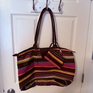 Joann Marie Designs Long Handle FoldUp Large Tote Bag Brown/Multicolor Stripes